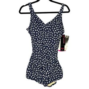 Roxanne Pleated Sheath Navy White Floral One Piece Bathing Suit Size 16 38DD